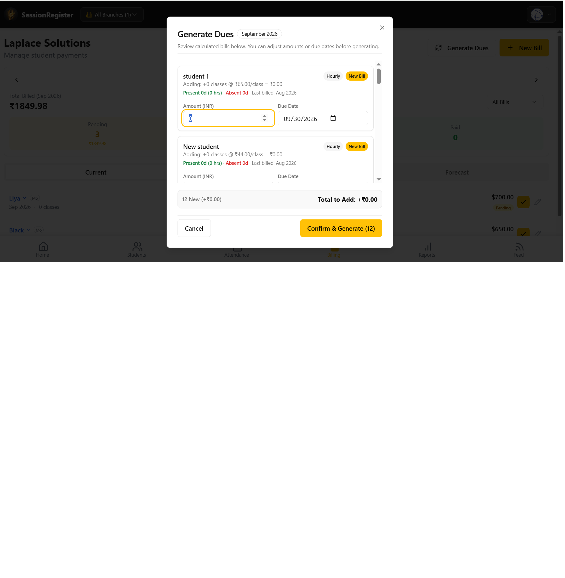 SessionRegister billing and dues generation